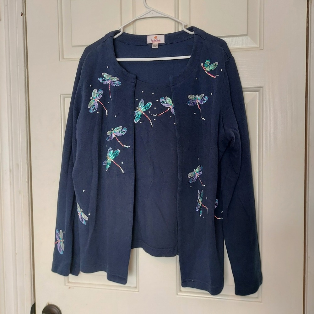 Quacker Factory Navy Blue Dragonfly Sequin Twin Set Cardigan Tank Womens L